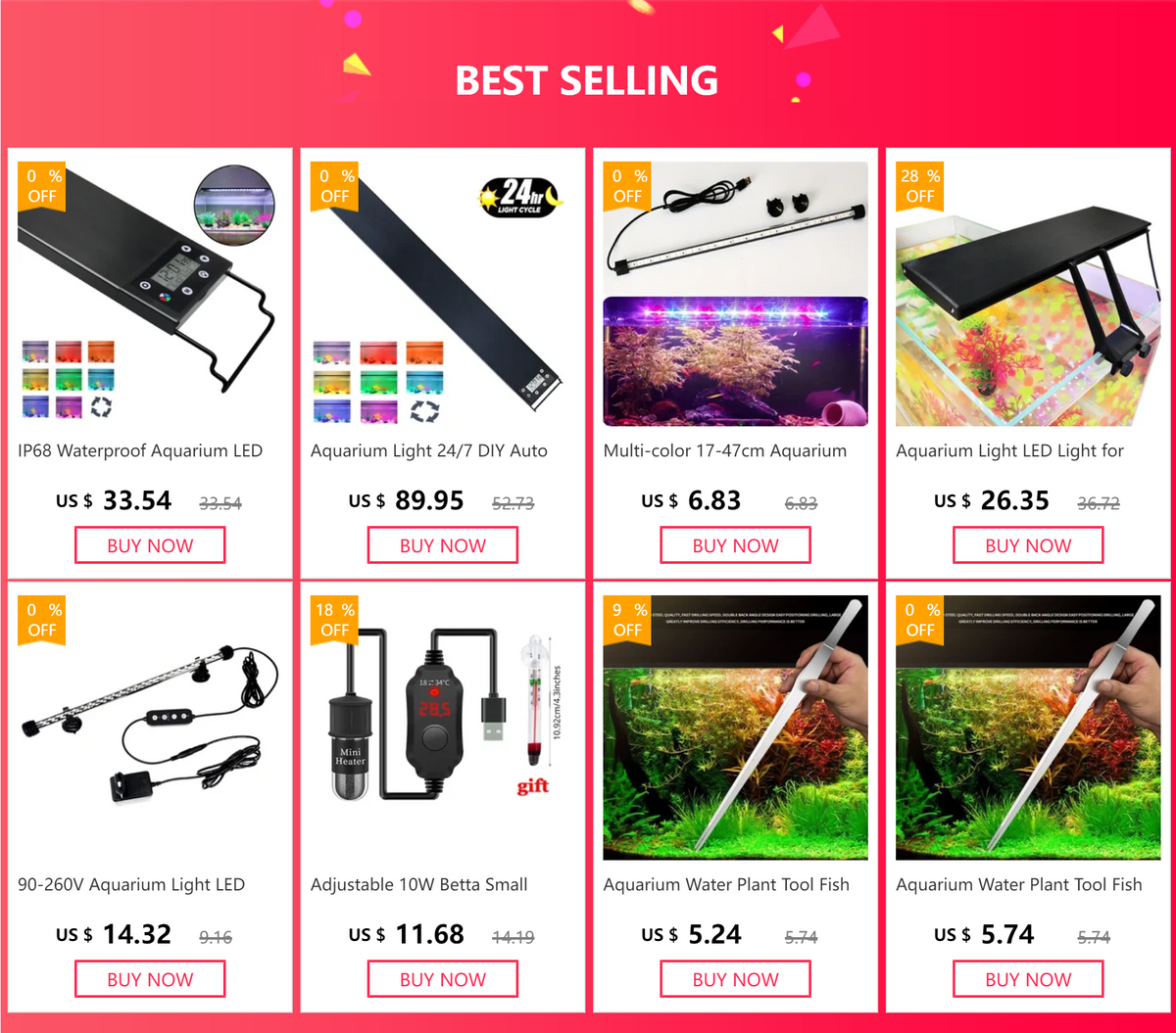 Una colección de luces LED y herramientas sumergibles para acuarios.