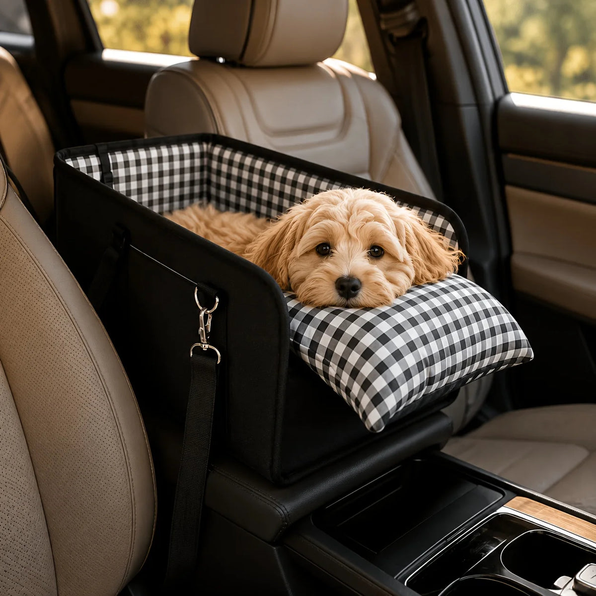 A foldable dog car seat with a black frame and checkered fabric is shown inside a car, resting on a seat.