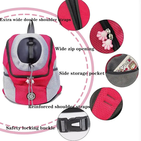 Pink and gray portable pet carrier backpack with double shoulder straps, zip opening, storage pocket, and safety locking buck