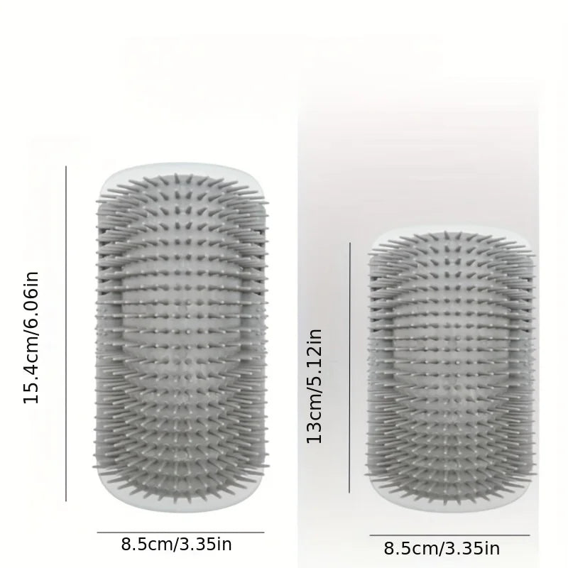 A gray cat self-groomer wall-mounted massage comb with 15.4cm length and 8.5cm diameter.