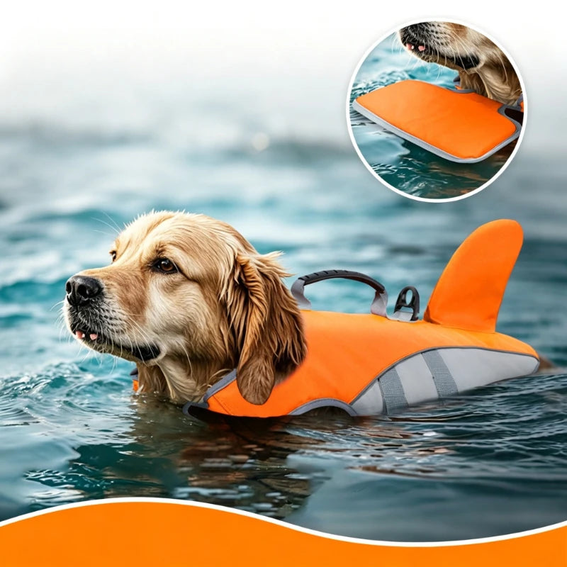 Un golden retriever portant un gilet de sauvetage orange flotte dans l'eau.