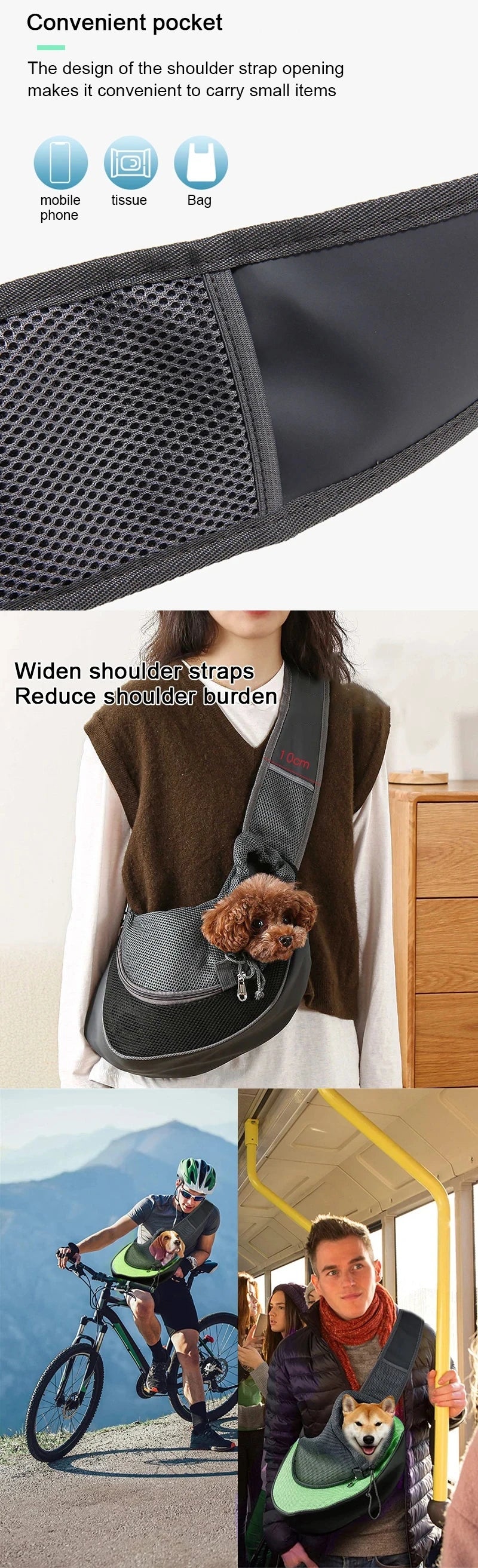 Person trägt einen dunkelgrünen, atmungsaktiven Pet-Sling für einen Hund mit gepolsterten Tragegurten und einem weichen Fells