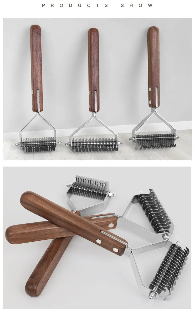 A set of double-sided grooming combs and brushes made of wood and metal, displayed against a white background.
