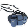 A blue hands-free dog walking belt with storage pockets and a bungee leash.