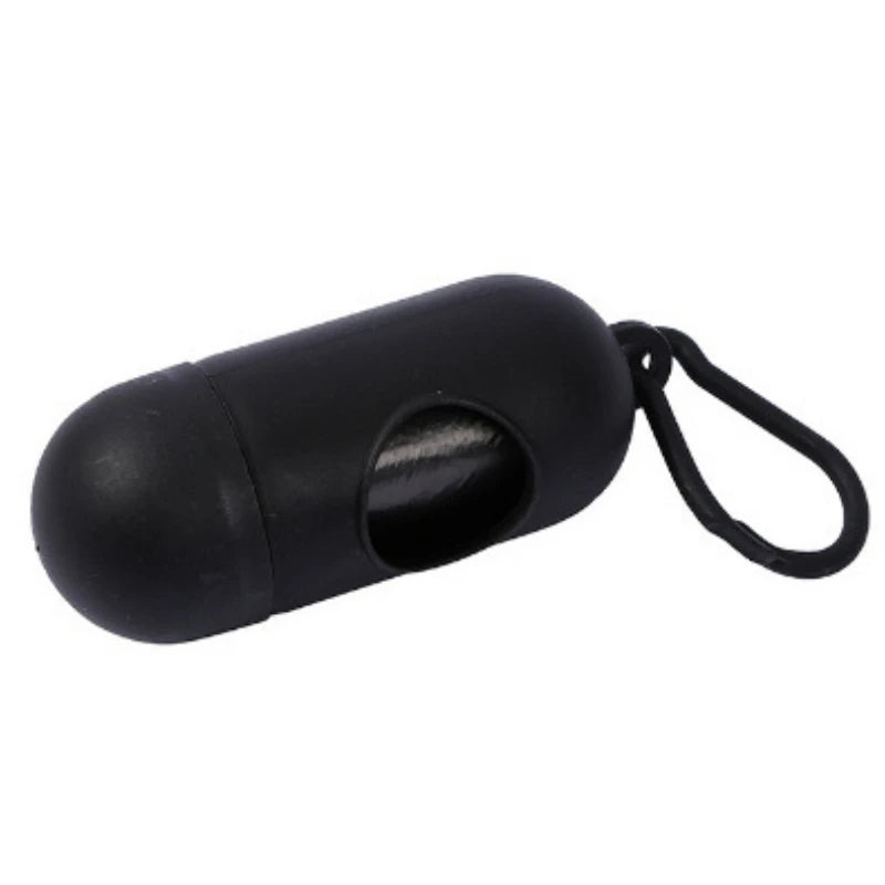 Black capsule-shaped dog poop bag dispenser with a carabiner clip