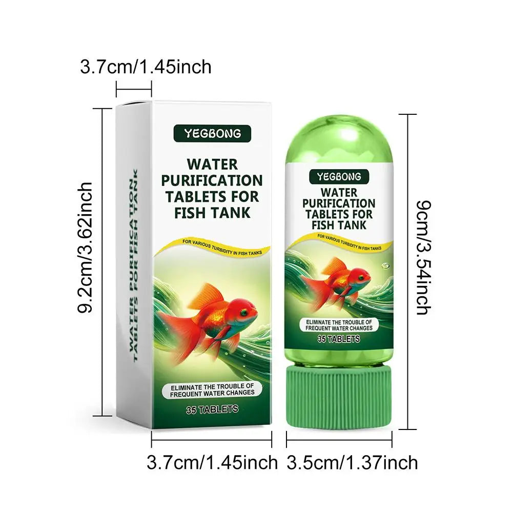 Boîte de comprimés de purification d'eau Yegbong pour aquarium avec dimensions et instructions d'utilisation.