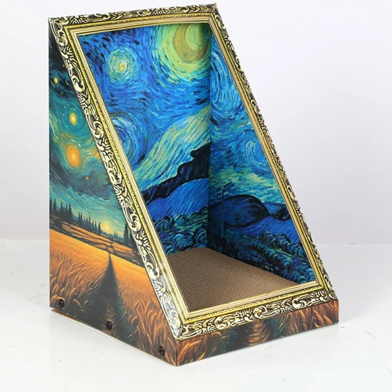A framed artwork depicting a vibrant night sky and landscape inside a rectangular box.