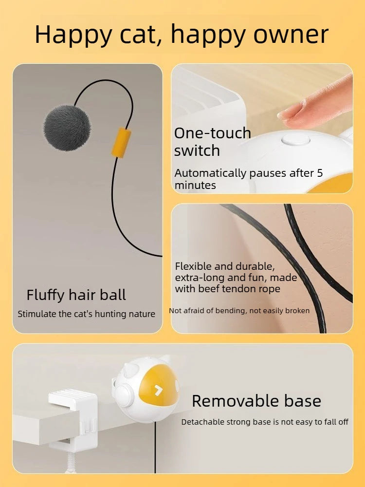 A fluffy hair ball cat toy with a one-touch switch and removable base for interactive play