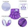 Set of purple reusable washable dog diapers including a ice silk lining, whole diaper, adjustable size components, and waterp