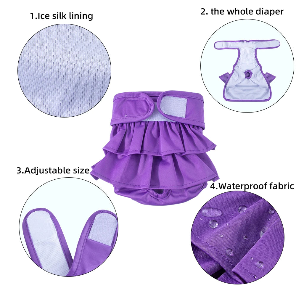 Set of purple reusable washable dog diapers including a ice silk lining, whole diaper, adjustable size components, and waterp