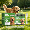 A golden retriever dog is pictured next to a jar of Yegbong Dental Powder for dogs with a green label.