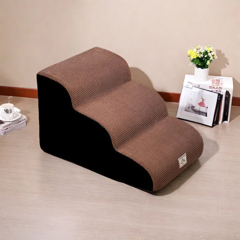 Brown washable non-slip pet stairs designed for climbing onto a bed or sofa.