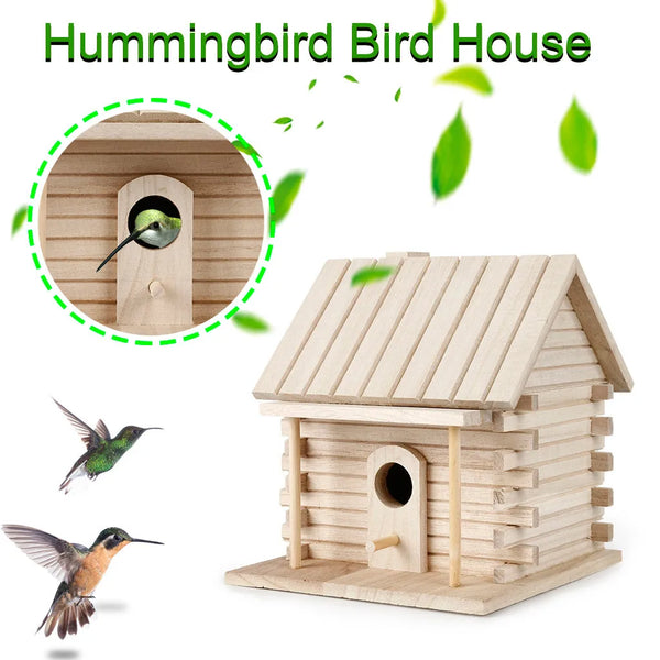 A wooden hummingbird bird house with a perch shown next to a small bird and leaves.