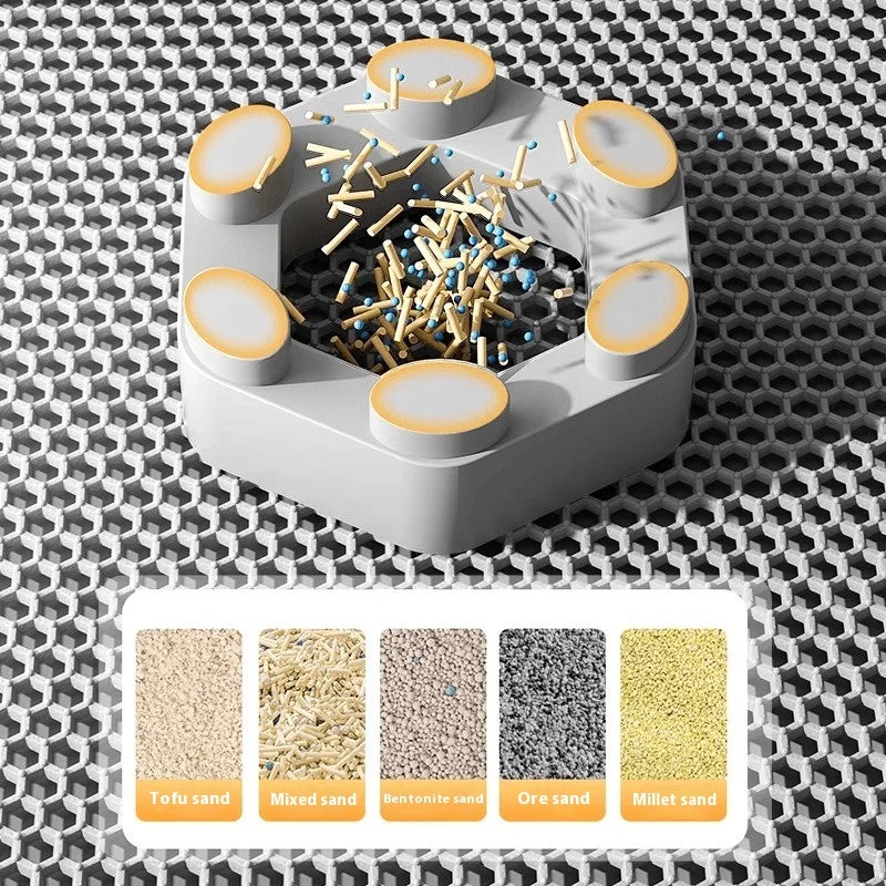 Weiße Katzentoilet-Matte mit verschiedenen Sandarten wie Tofu, gemischt, Bentonit, Erz und Hirse
