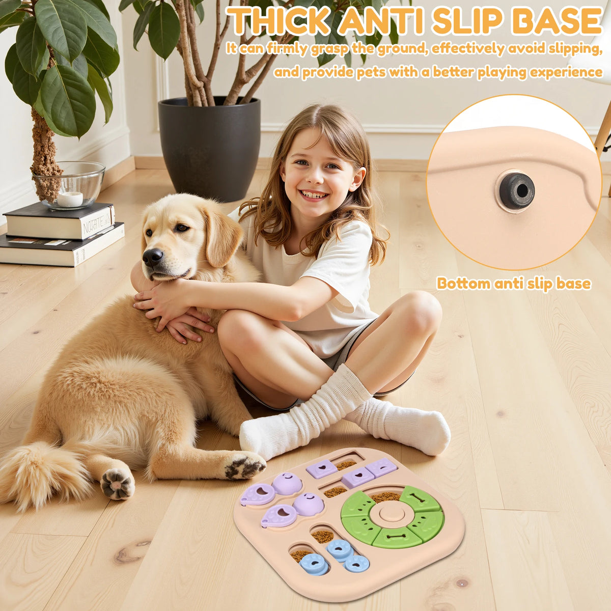 A dog and a girl interact with an anti slip base puzzle toy for pets.