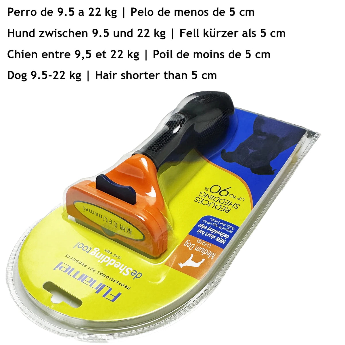 Orange pet deshedding brush for dogs and cats with a black handle and yellow grip