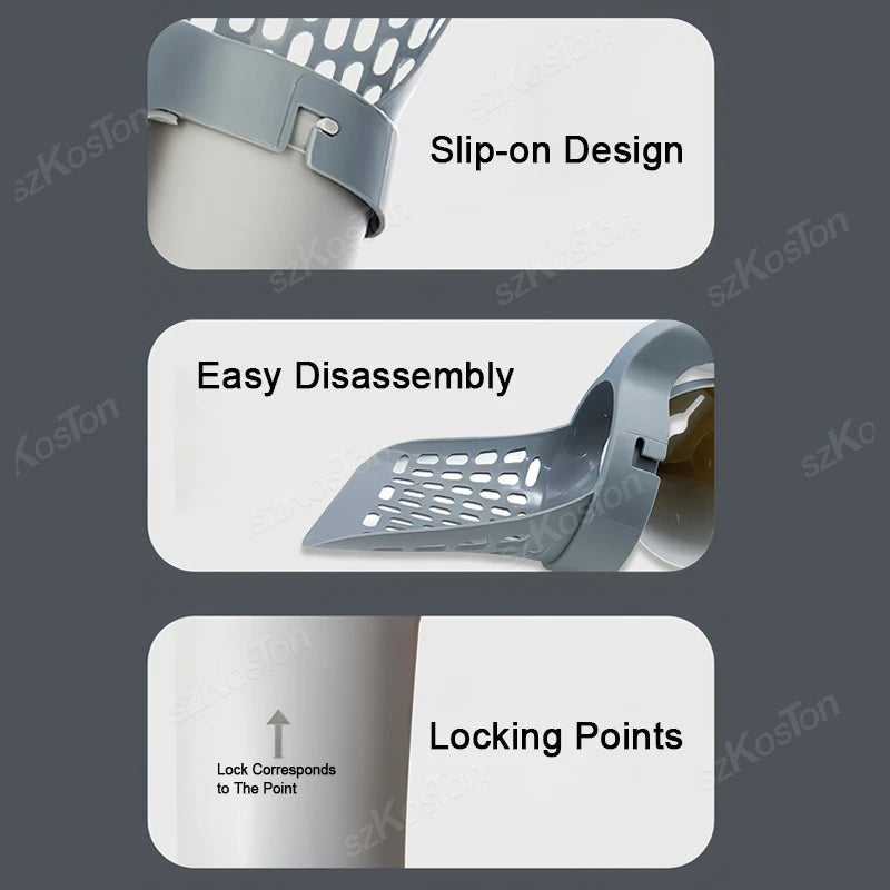 Close-up view of a gray cat litter shovel with a slip-on design, showing easy disassembly and locking points.