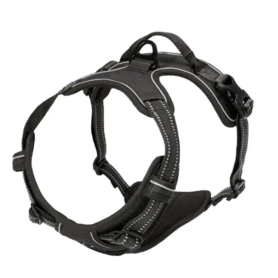 A black adjustable no-pull dog harness with reflective strips and a handle.