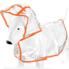 Un imperméable blanc pour chien, avec des accents orange et une capuche.