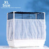 White XL size bird cage cover with black mesh top and bottom, shown against a blue background.
