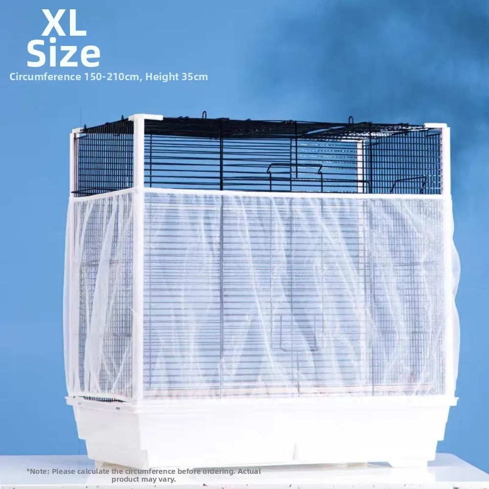 White XL size bird cage cover with black mesh top and bottom, shown against a blue background.