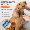 A person is using a heavy-duty motor pet grooming clipper on a dog's coat.