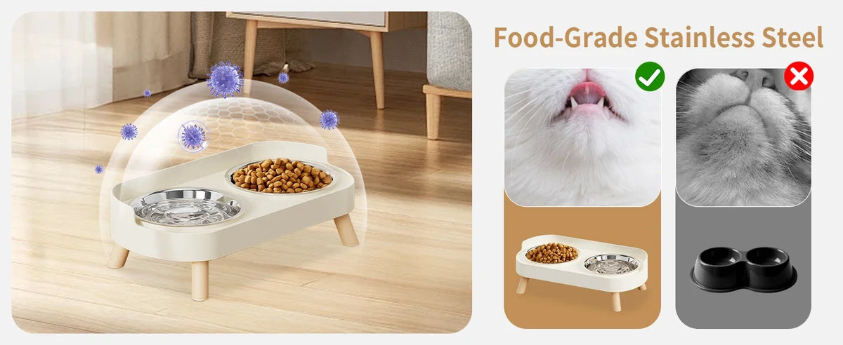 Food-grade stainless steel elevated cat food and water bowl set for pets