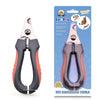 Stainless steel pet nail clipper with safety stop and built-in file shown against a blue background