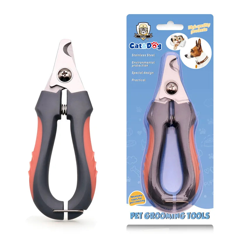 Stainless steel pet nail clipper with safety stop and built-in file shown against a blue background