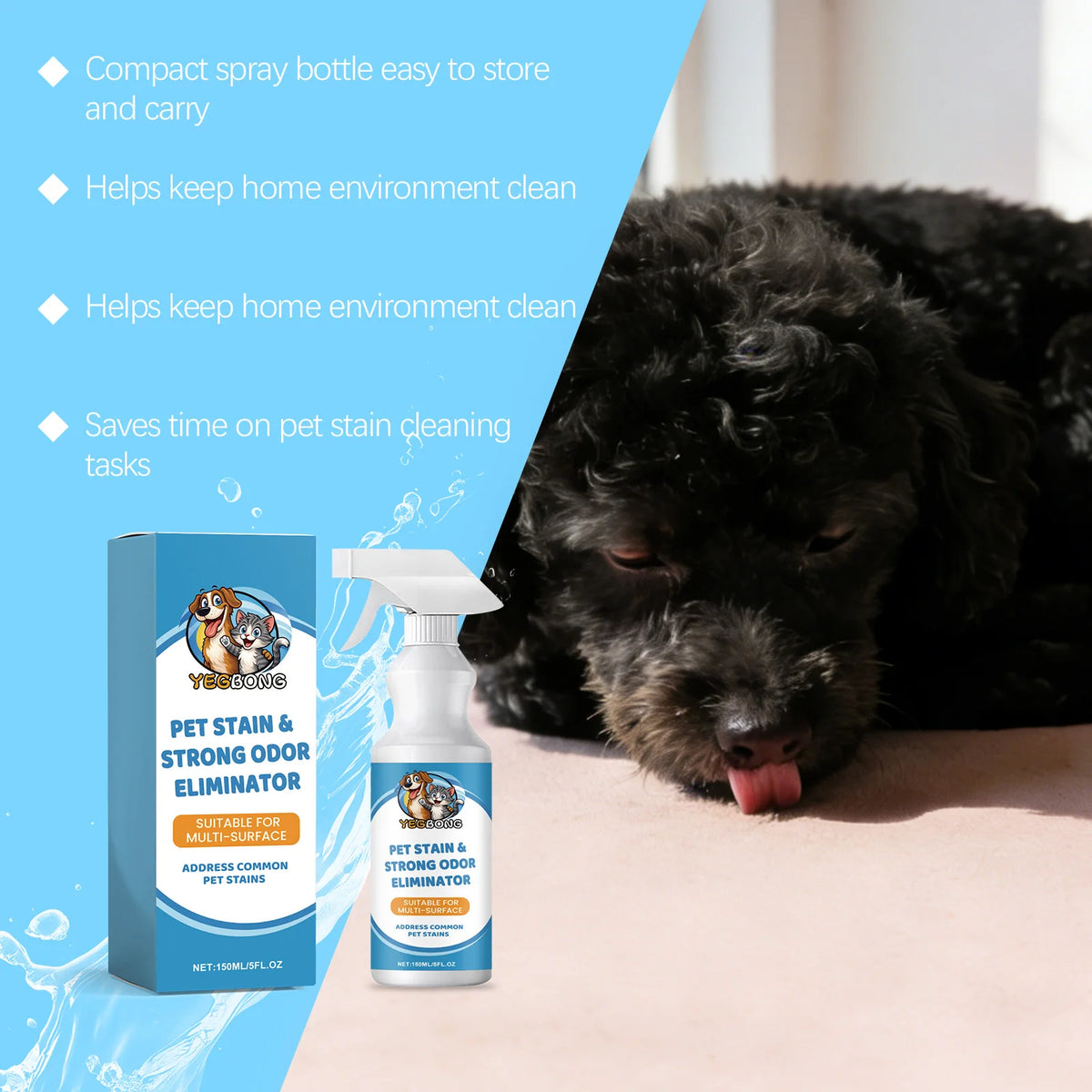 A bottle of pet stain and odor eliminator spray next to a black dog.