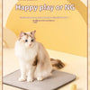 A fluffy white and brown cat is sitting on a gray mat next to an automatic interactive toy ball.