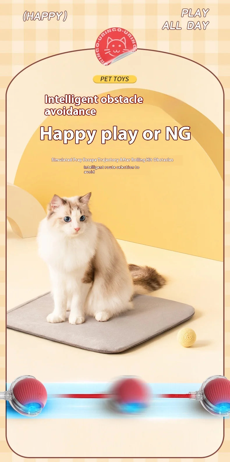 A fluffy white and brown cat is sitting on a gray mat next to an automatic interactive toy ball.