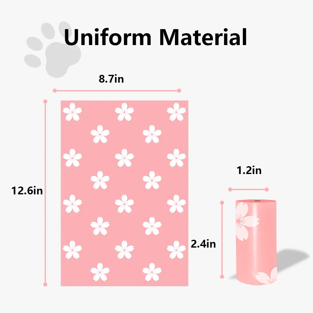 Pink uniform material dog poop bags with a dispenser shown next to a measurement guide.