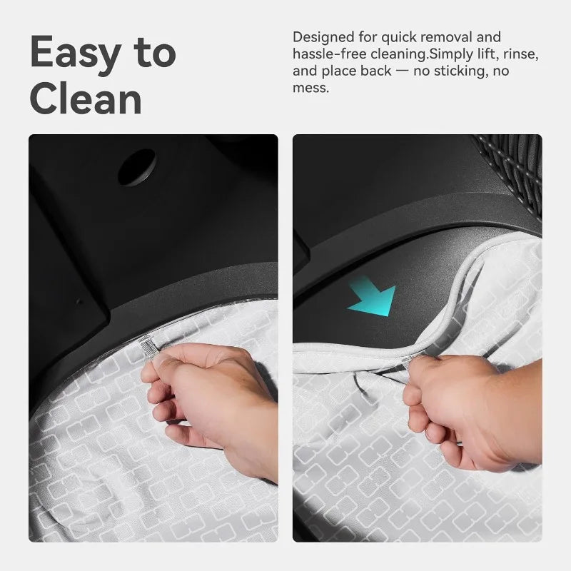 Hands are shown easily removing a replacement cat litter mat from an automatic litter box.