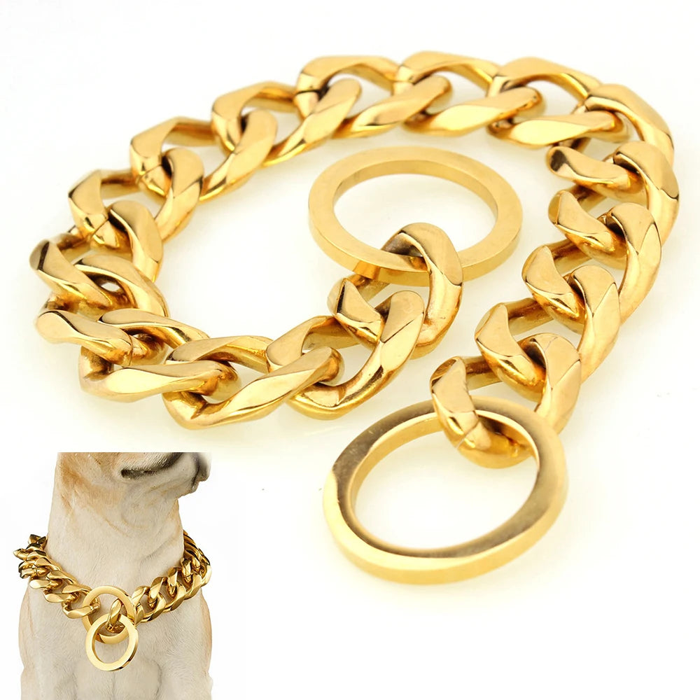 A gold Cuban link training collar with a slip chain and a large ring is displayed on a white background.
