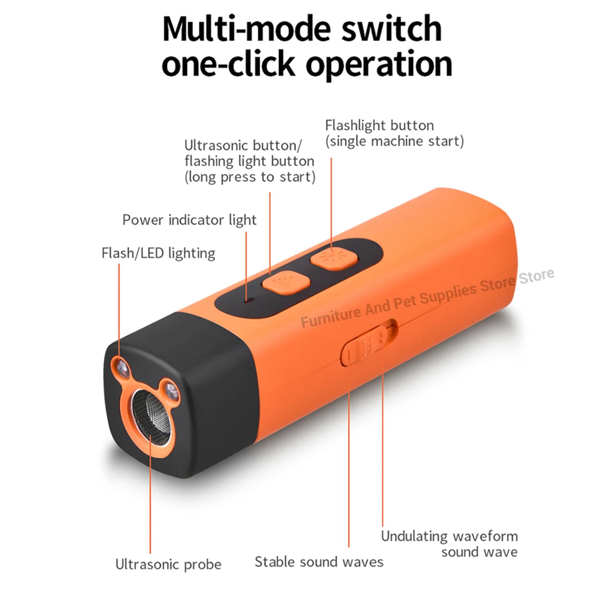 Orange multi-mode switch device with buttons and an ultrasonic probe for dog training