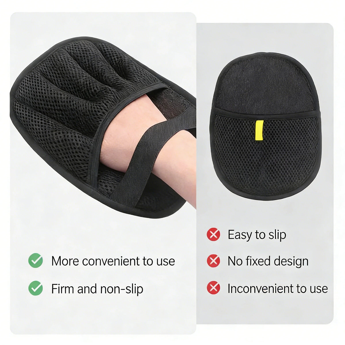 Guantes reutilizables negros para quitar el pelo de mascotas, mostrados en uso y vista aislada