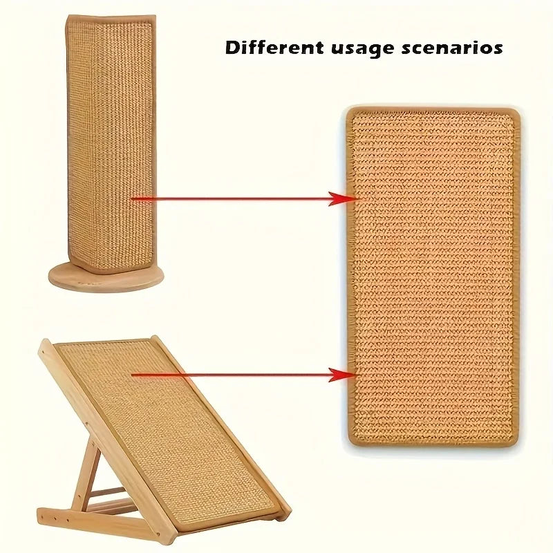 A premium cat scratch board made of woven natural material shown in different usage scenarios.
