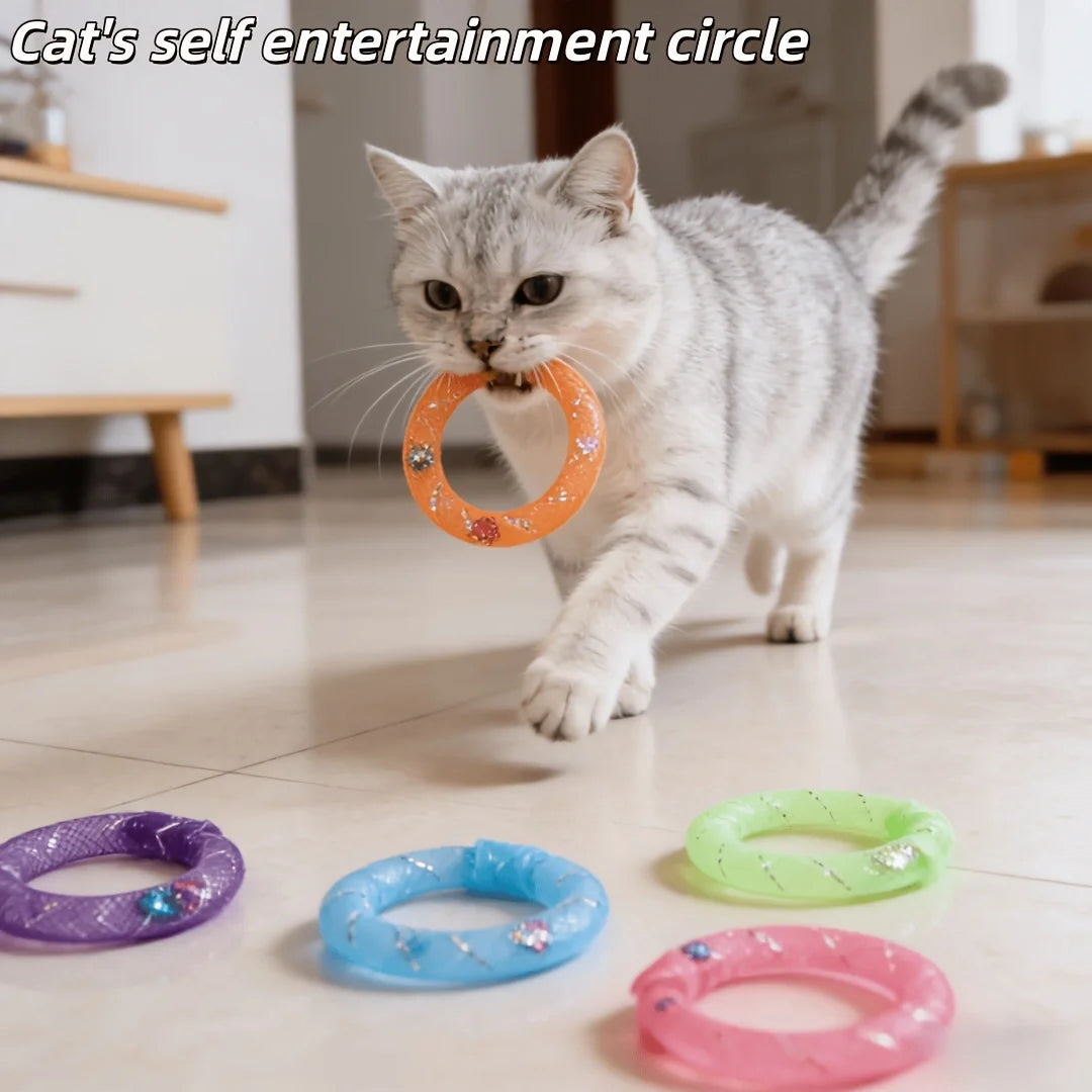A fluffy gray cat is interacting with various colorful donut-shaped chew toys on a tiled floor.