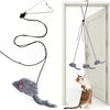 An interactive door hanging cat toy featuring a mouse teaser attached by a string, with a cat playing in the doorway.