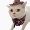 A white cat wearing a patterned bandana and a brown cowboy hat.