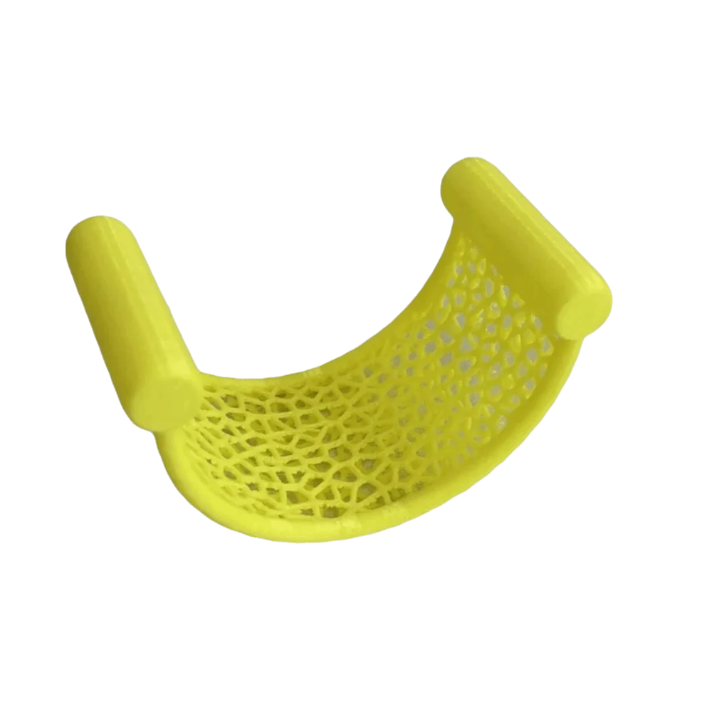 A yellow 3D printed floating betta hammock designed for aquarium decor.