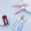 A collection of stainless steel pet nail clippers for dogs and cats in various colors like pink, black, and blue against a li