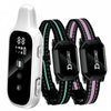 A white remote dog training collar with a black digital display and a black watch-style collar on a green and pink strap.