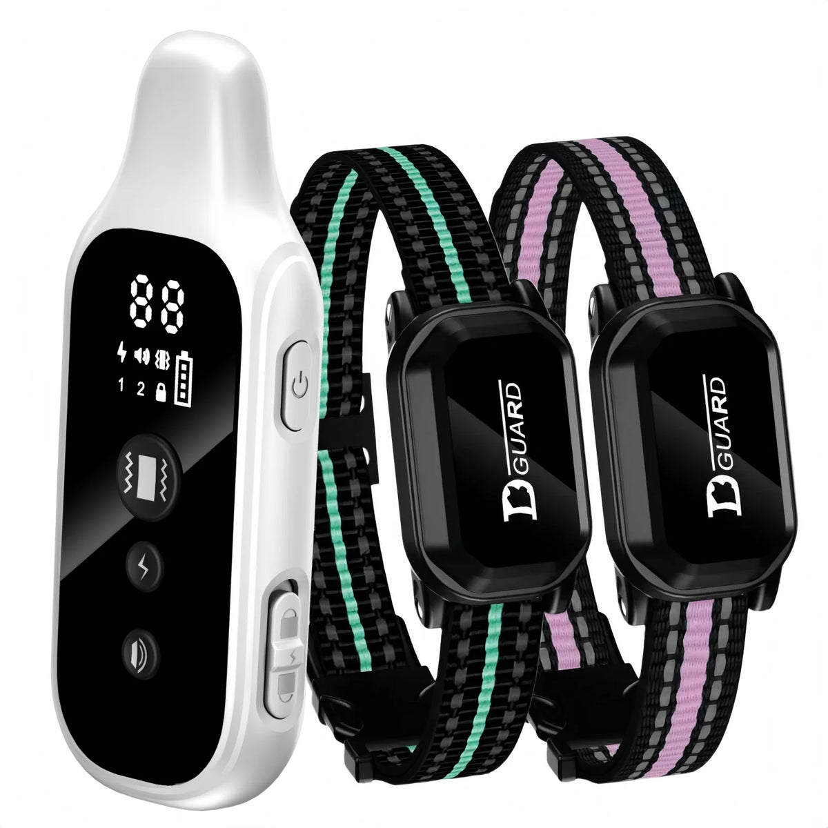 A white remote dog training collar with a black digital display and a black watch-style collar on a green and pink strap.