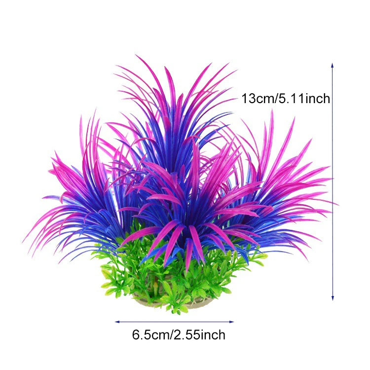 Une plante aquatique artificielle vibrante avec un feuillage violet et bleu épineux.