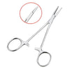 Stainless steel pet ear hair tweezers with a curved tip shown next to a magnified view.