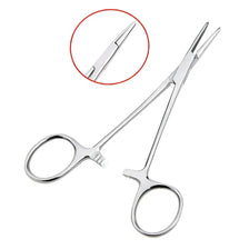 Stainless steel pet ear hair tweezers with a curved tip shown next to a magnified view.