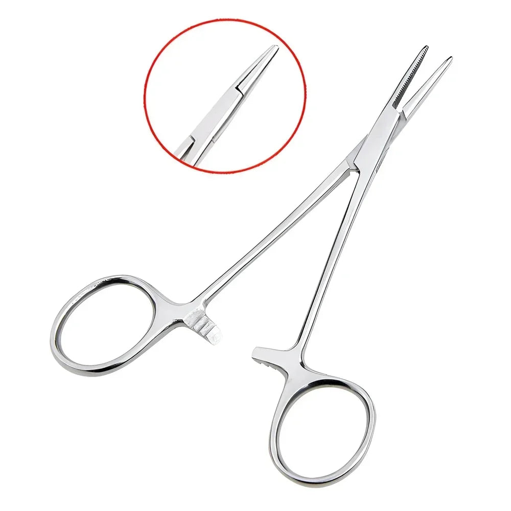 Stainless steel pet ear hair tweezers with a curved tip shown next to a magnified view.