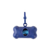 Dispenser portátil de bolsas para mascotas en forma de hueso azul con clip de remolque.